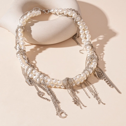 Layered Imitation Artificial Pearl Necklace Alloy Chain Tassel Star Moon Pendants Trendy Y2K Sweet Cool Accessory Women