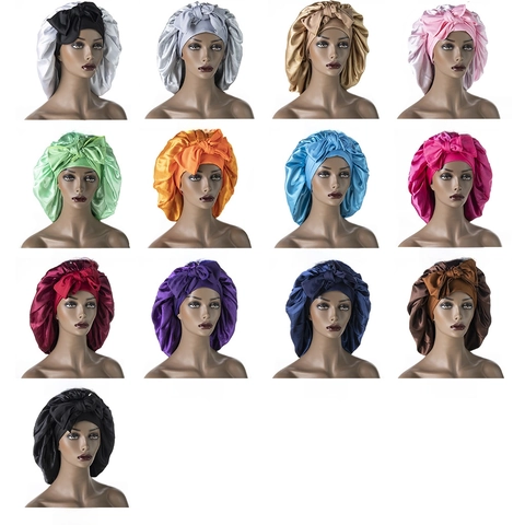 Satin Sleep Bonnet Wide Band Nightcap With Long Ties Hair Care Wrap For Sleeping Solid Color Polyester Headwear
