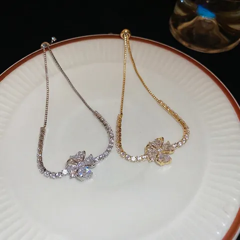 Bracciale A Quadrifoglio In Rame Con Zircone Fibbia A Scorrimento Regolabile Catena Da Tennis Gioielli Per Donna