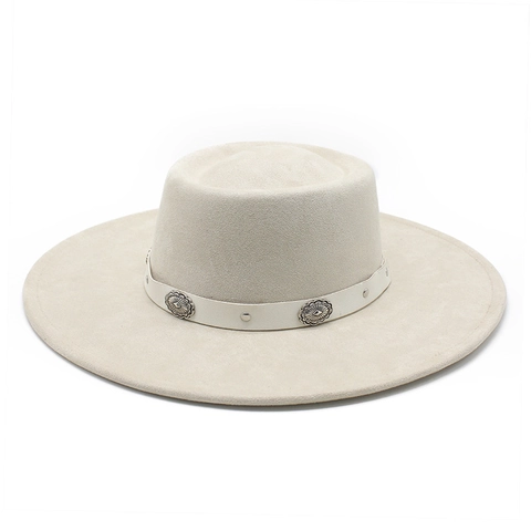 Cappello Fedora Unisex Tesa Larga Corona Piatta Finta Pelle Scamosciata Fascia Etnica Borchie Metalliche