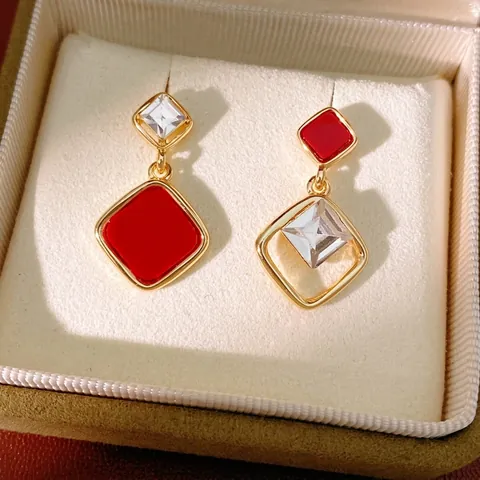 Geometric Asymmetric Square Earrings For Women With Zircon Copper 18K Gold Plated Silver Earring Post Retro Fashion