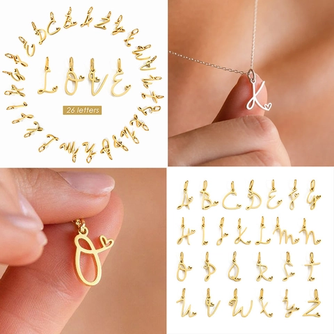 Stainless Steel Alphabet Letter Pendants Heart Cursive Initial Charms For DIY Jewelry Making Necklaces Mirror Polished Accessory