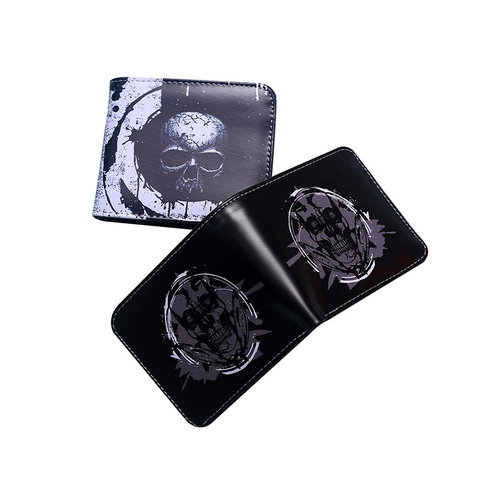 Portefeuille Homme Bifold Cuir PU Imprimé Crâne Petit Porte Monnaie Avec Poche Zippée Fentes Pour Cartes Punk Gothique Streetwear