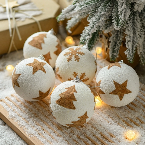 White Snow Texture Foam Christmas Ball Ornaments With Cork Star Tree And Snowflake Patterns For Xmas Tree Decoration
