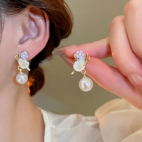 Pendientes Colgantes Flor Perla Artificial Con Poste Plata 925 Esmalte Floral Joyería Elegante Para Mujer