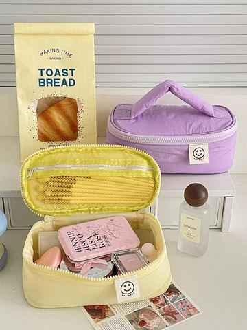 Gepofte Hand Cosmetische Tas Nylon Smile Face Reistoilet Organizer Draagbare Make-up Tas Voor Dagelijks Gebruik