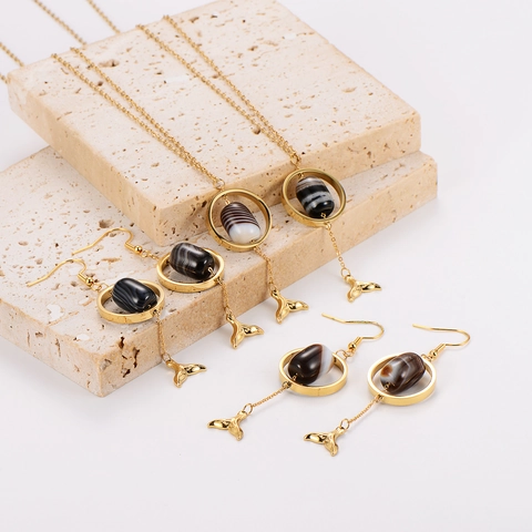 Collana E Orecchini Acciaio Inossidabile 304 Placcato Oro 18K Retro Pietra Agata Pendente Coda Di Balena Per Donne