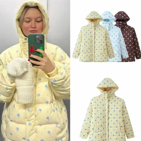 Giacca Imbottita Con Stampa Floreale Da Donna Cappotto In Cotone Con Cappuccio Coulisse Retro Dolce Capispalla