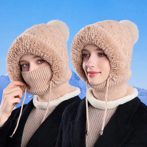 Integrated Balaclava Hat Scarf Mask For Women Winter Knitted Acrylic Faux Fur Lined Thermal Windproof Outdoor Warm Pom Pom
