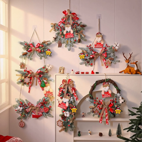 Guirlande Corona De Navidad Aguja De Pino Artificial Ratán Con Figura De Papá Noel Decoración Colgante De Pared