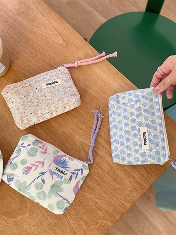 Borsa Trucco In Tela Floreale Piccola Pochette Da Toilette Custodia Per Cosmetici Con Cerniera E Cordino Per Donne
