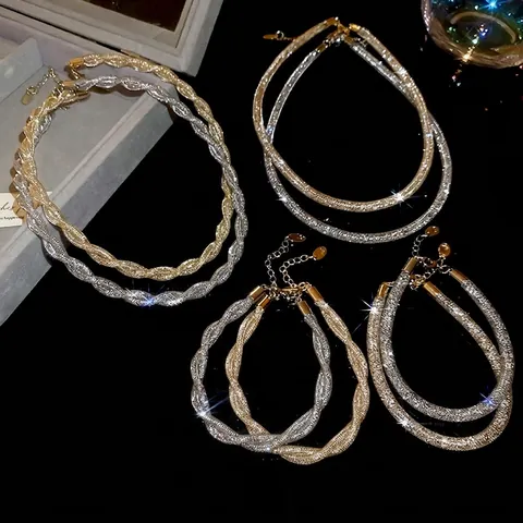 Collana E Bracciale In Maglia Intrecciata Di Zircone Rame Tessuto Avvolgimento Lucido Di Alta Gamma Versatile Per Donne