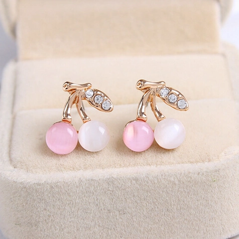 Pendientes de Botón con Forma de Cereza Dulce Aleación de Diamantes de Imitación Perla Artificial Pendientes de Fruta con Poste de Acero Inoxidable Joyería de Mujer
