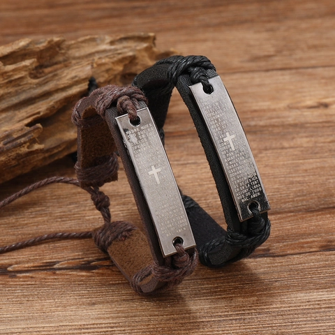 Vintage Geflochtenes Leder Kreuz Armband Herren Damen Spanisches Gebet Zinklegierung Religiös Retro Verstellbar Handkette