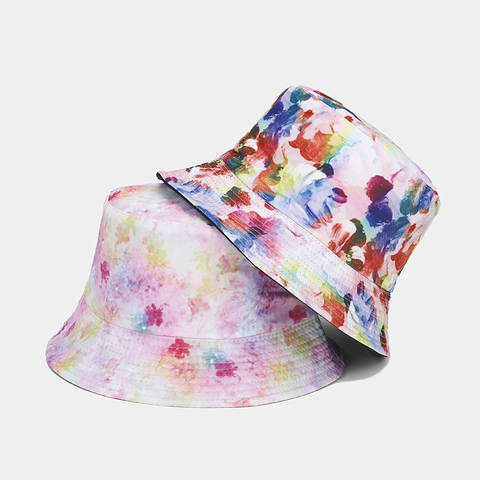 Bucket Hat Reversible Floral Tie Dye Print Polyester Summer Outdoor Sun Protection Casual Foldable Travel Sunshade