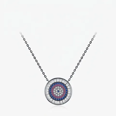 Evil Eye Rund Anhänger Halskette 925 Sterling Silber Bunte Zirkonia Retro Punk Stil Schmuck Für Damen