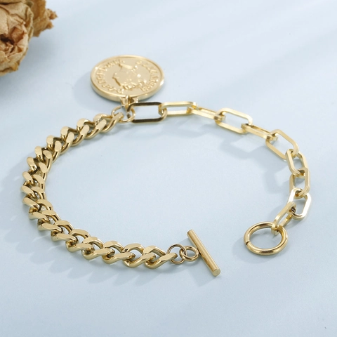 Mixed Chain Bracelet With Stainless Steel Portrait Coin Pendant Retro Toggle Clasp Fashion Jewelry For Women