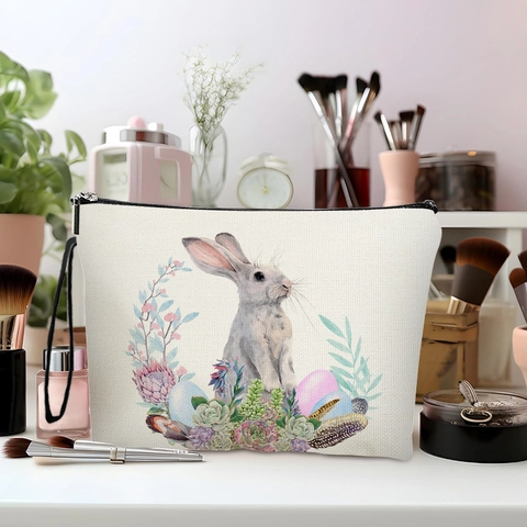 Easter Bunny Watercolor Print Cosmetic Bag Fine Linen Zippered Makeup Pouch With Wristlet Portable Travel Storage Bag