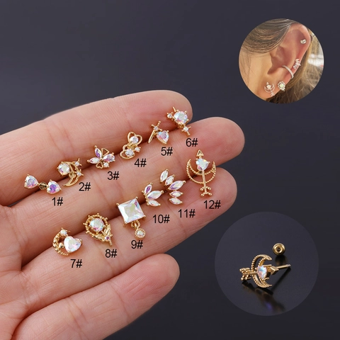 Stainless Steel Earring Post Piercing Studs With Zircon Synthetic Opal Moon Star Butterfly Screw Ball Back For Women