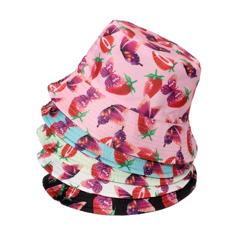 Damen Süßer Bedruckter Fischerhut Polyester Erdbeere Schmetterling Blumenmuster Sommer Outdoor Sonnenschutz Lässig