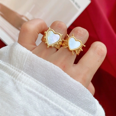 Anello Aperto a Cuore in Rame Placcato Oro Vintage Con Intarsio in Madreperla Perla Artificiale Anello Regolabile Gioielli da Donna