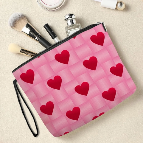 Borsa Per Cosmetici In Lino Con Stampa A Cuori Cerniera Pochette Da Toilette Organizzatore Da Trucco Con Cinturino