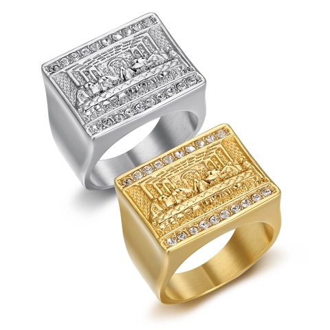 Anillo Sigillo Con Rilievo LUltima Cena In Acciaio Inossidabile Con Zirconia Cubica Bianca Gioielli Religiosi Per Uomini