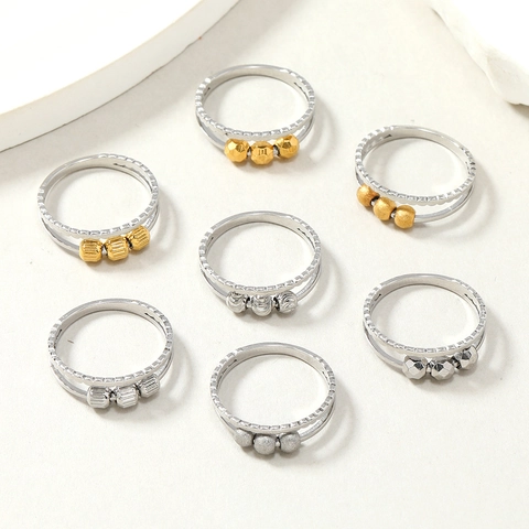 Niche Design Stainless Steel Fidget Ring For Anxiety Movable Beads Stress Relief Double Layer Cut-out Geometric Finger Ring Fashion Jewelry For Men Women