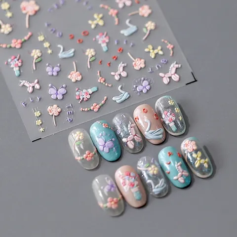 3D Embossed Nail Stickers Butterfly Flower Balloon Dog PET Self-Adhesive Macaron Color DIY Manicure Decor