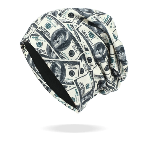 100 Dollar Bill Print Beanie Hat Cotton Polyester Blend Slouchy Skull Cap Hip Hop Streetwear For Men Women