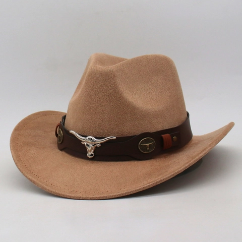 Western Cowboy Hat Polyester Felt With Bull Head Metal Decor Leather Band Retro Ethnic Style Wide Brim Out-door Fashion Accessories