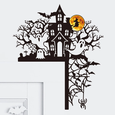 Halloween Door Corner Decor Haunted House Ghost Silhouette PVC Wall Sticker Witch Bat Spider Web Festive Home Ornament