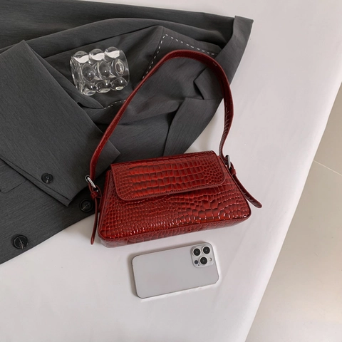 Borsa Sottoascellare Da Donna Motivo Coccodrillo Pelle PU Patta Borsa A Spalla Alla Moda Street Style Versatile Tinta Unita Lucida