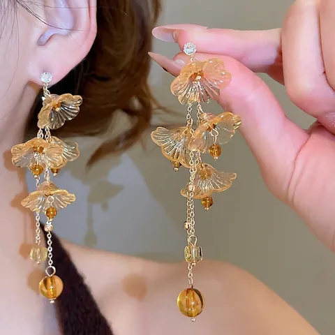 Orecchini Lunghi Nappa Floreale Resina Ambra Strass Lega Oro Con Perno In Argento Sterling 925 Retro