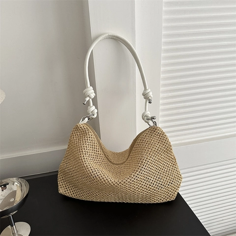 Handgewebte Stroh-Schultertasche Für Damen Große Kapazität Sommer Strand Tote Mit Reißverschluss PU Knotengurt Vintage Trendy