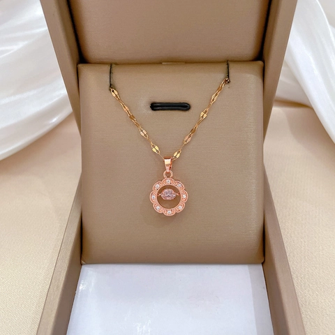 Roségouden Dansende Steen Hanger Ketting Roestvrijstalen Ketting Met Koperen Bloem Micro Pave Roze Zirkoon Voor Dames