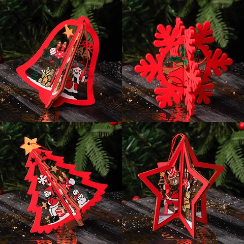 Christmas Wooden Hanging Ornaments 3D Stereoscopic Santa Snowman Bell Star Snowflake Holiday Tree Decor Novelty