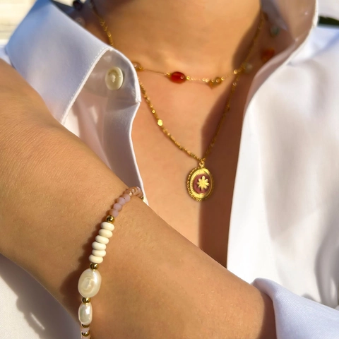 Collana con Pendente a Stella in Acciaio Inossidabile Placcato Oro Vintage Francese Pietra Naturale Gioielli con Perle Artificiali Fatte a Mano per Donna