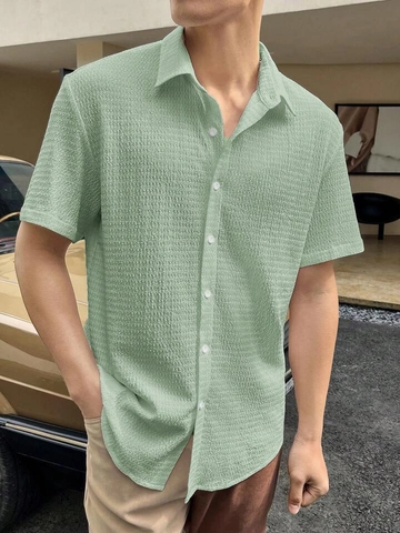 Men Short Sleeve Shirt Polyester Seersucker Lapel Single Breasted Top Summer Casual Smart Casual Solid Color Commuting Shirt