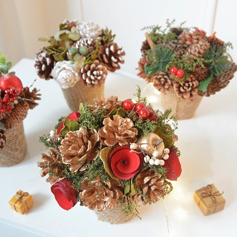 Christmas Tabletop Potted Ornament With Pinecone Berry And Linen Base Rustic Holiday Home Desktop Decor Gift