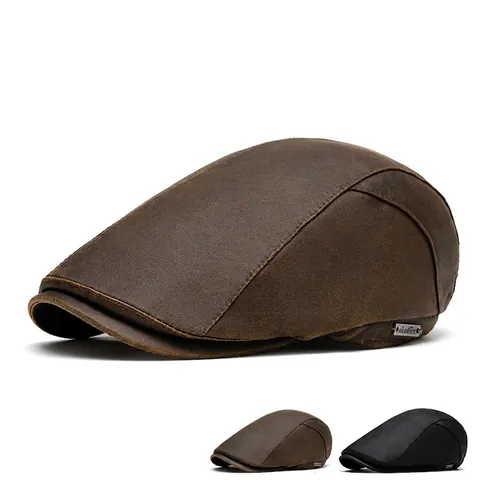 Vintage Men Newsboy Hat Flat Cap Distressed Cotton PU Leather Tweed Herringbone Warm Adjustable British Style Winter