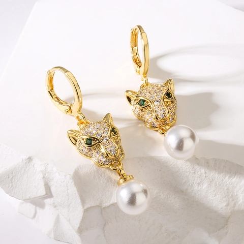 Pendientes De Gota Con Cabeza De Pantera Leopardo Cobre Chapado En Oro Con Zircón Y Perla Artificial Sintética Joyería Hip Hop