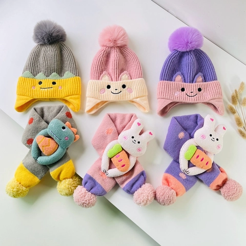 Kinder Strickmütze Und Schal Warm Winter Cartoon Tier Bär Hase Dinosaurier Acryl Bommel Für Kleinkinder