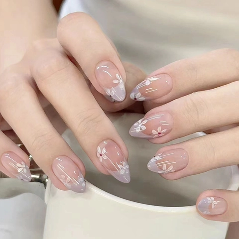 French Tip Press On Nails Almond Shape Lavender Purple Gradient White Daisy Pattern Glossy ABS Plastic False Nails