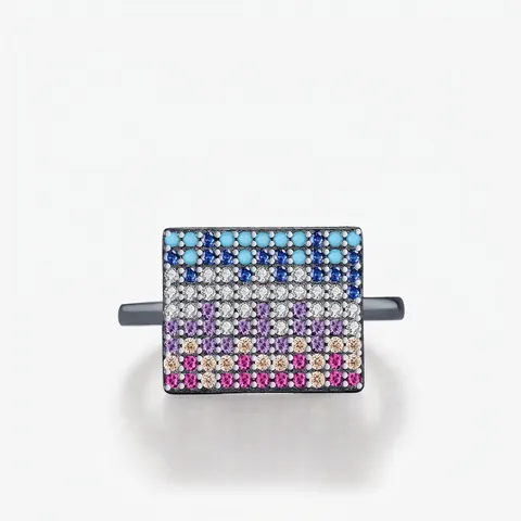 925 Sterling Silber Ring Damen Bunte Zirkonia Mikro Pave Geometrisches Rechteck Schwarz Plattiert Chic Stil