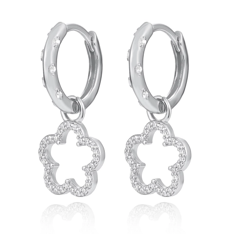 Hollow Flower Dangle Hoop Earrings 925 Sterling Silver Micro Pave Zircon Sweet Fresh Style Jewelry Women