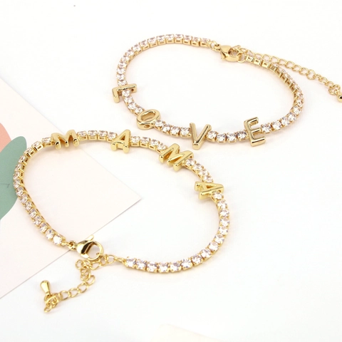 Bracciale Lettera LOVE MAMA in Rame e Zirconia Moda Placcato Oro Catena Tennis Regolabile Gioielli Regalo Festa della Mamma Donna