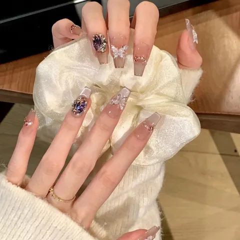 Uñas Postizas Hechas A Mano Press On Efecto Ojo De Gato Mariposa Gema Morada Diamantes De Imitación Degradado Rosa Nude Ataúd Largas