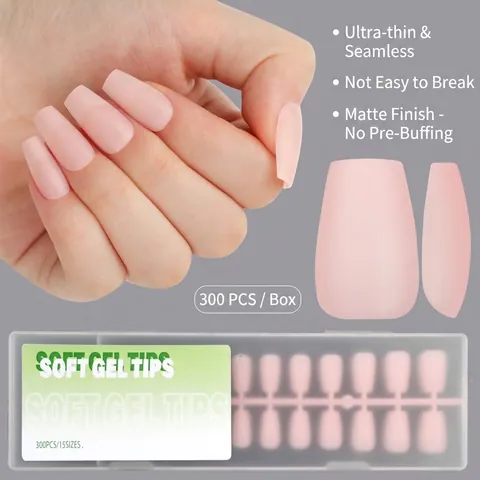 Soft Gel Matte Press On Nails Nude Pink Coffin Shape Ultra Thin Nail Tips Mixed Sizes Full Cover Fake Nails With Box