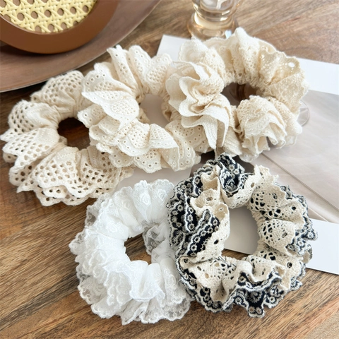 Coleteros De Encaje Bordado Calado Capas Múltiples Plisados Vintage Elegantes Gomas Para El Cabello De Tela Para Mujeres